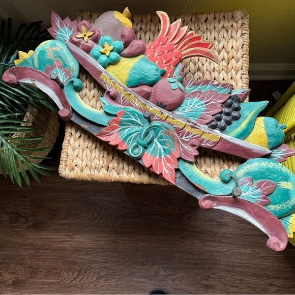 One of a Kind Vintage Colorful Handcrafted and Carved Wood Wall Decor Coat Rack